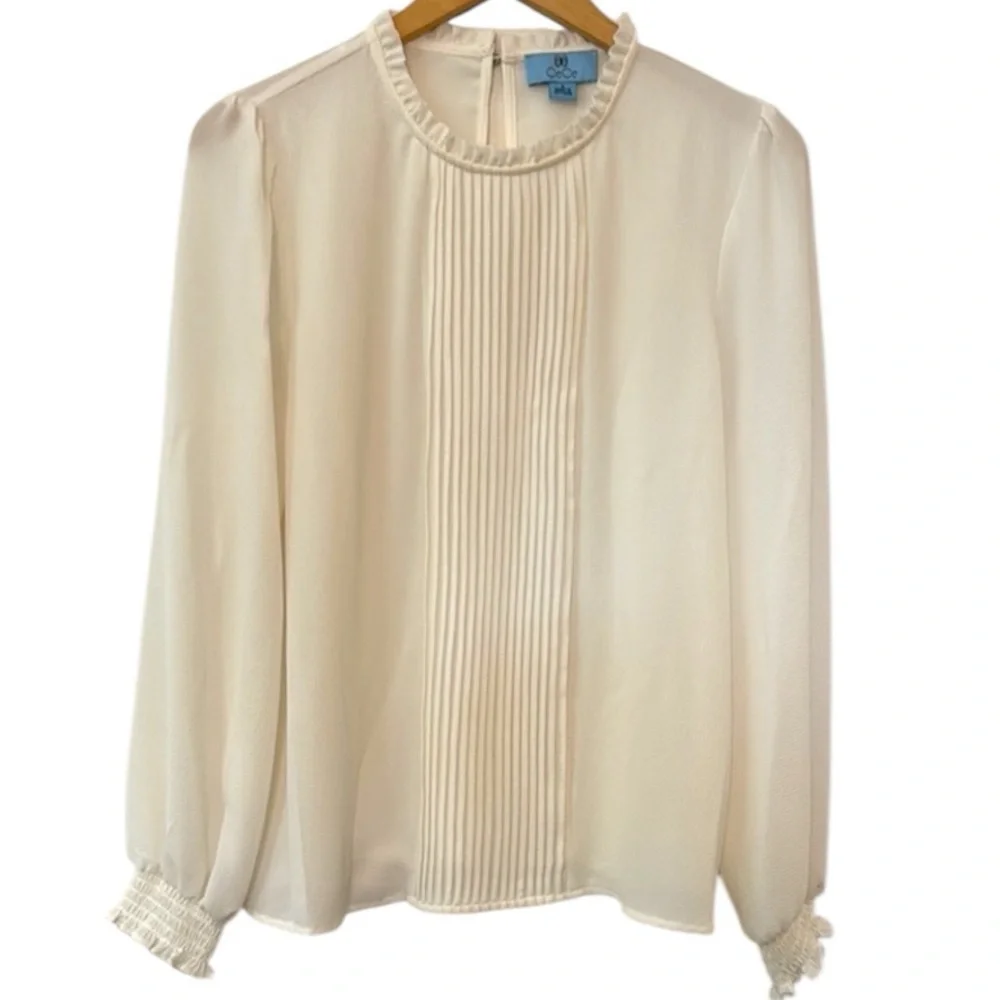NEW CeCe Pin-Tuck Smocked Cuff Blouse Ruffle Neck Cream - Picture 2 of 7